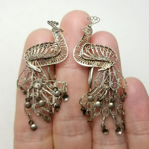 Vintage Filigree Peacock Clip On Earring and Brooch Set, Silver Tone, Estate - Picture 1 of 7